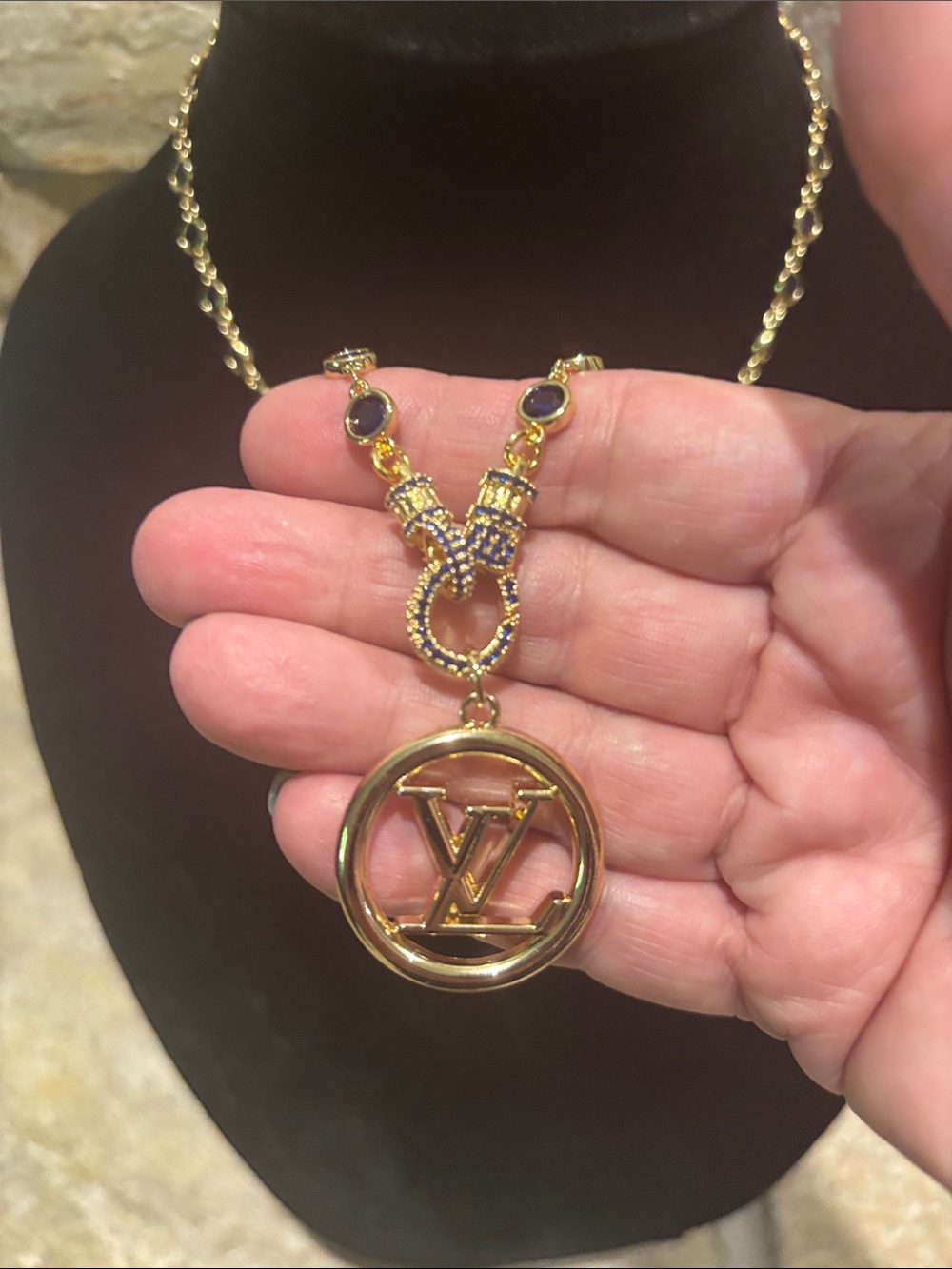 Gold Necklace with Navy Accents and LV Medallion